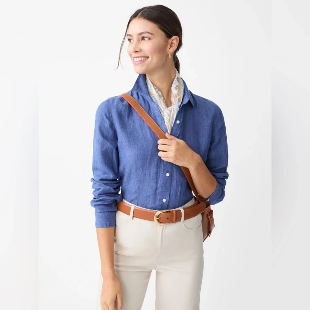 J. McLaughlin Britt Linen Button Down Shirt in Dark Chambray Blue XXL Coastal - Picture 2 of 12